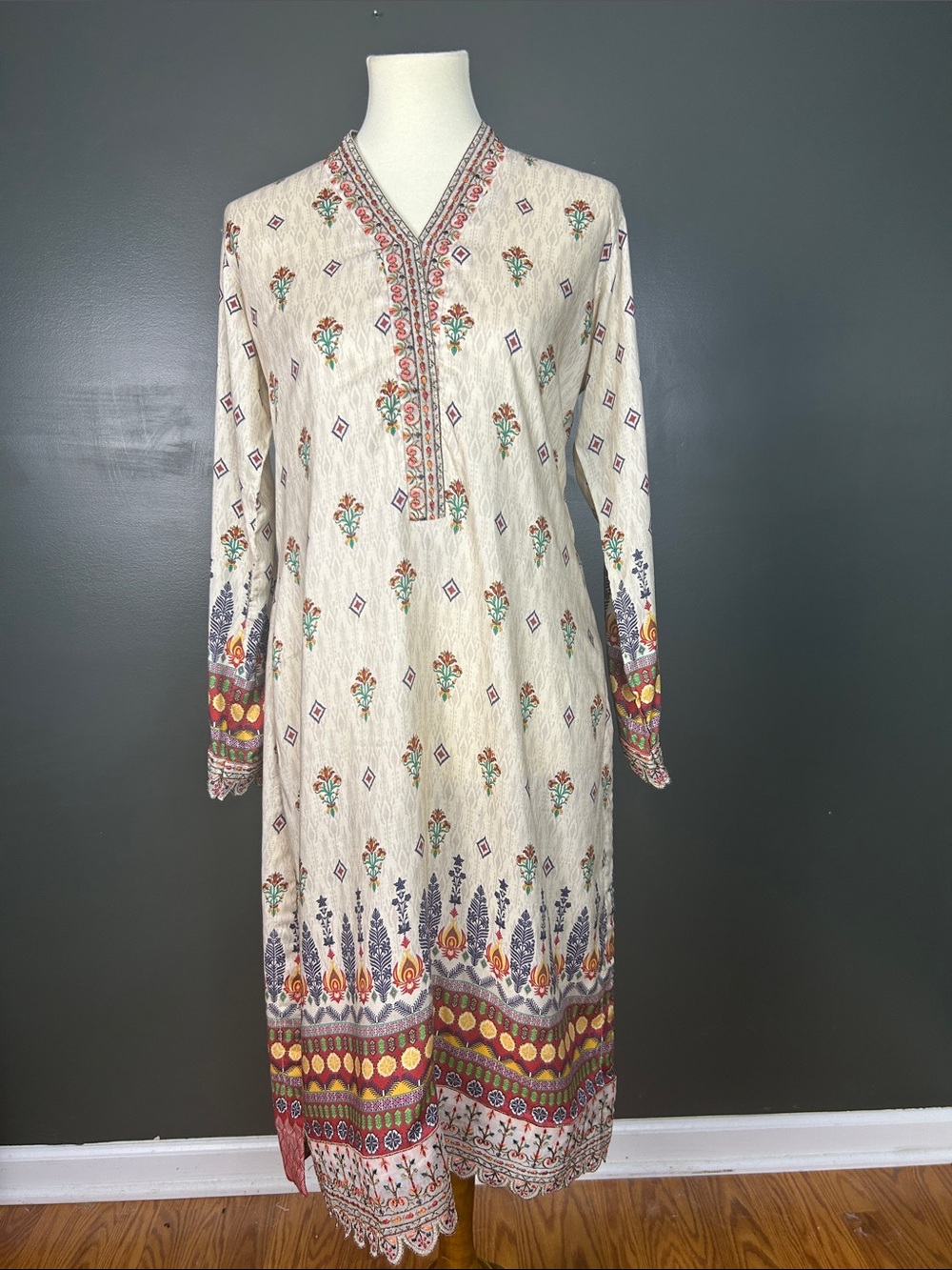 Bin Saeed Embroidered Kurta Dress Pakistani Floral Boho Cream Medium